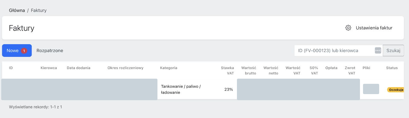 Invoice review screen with pending and processed tabs VAT refund fields and redacted values