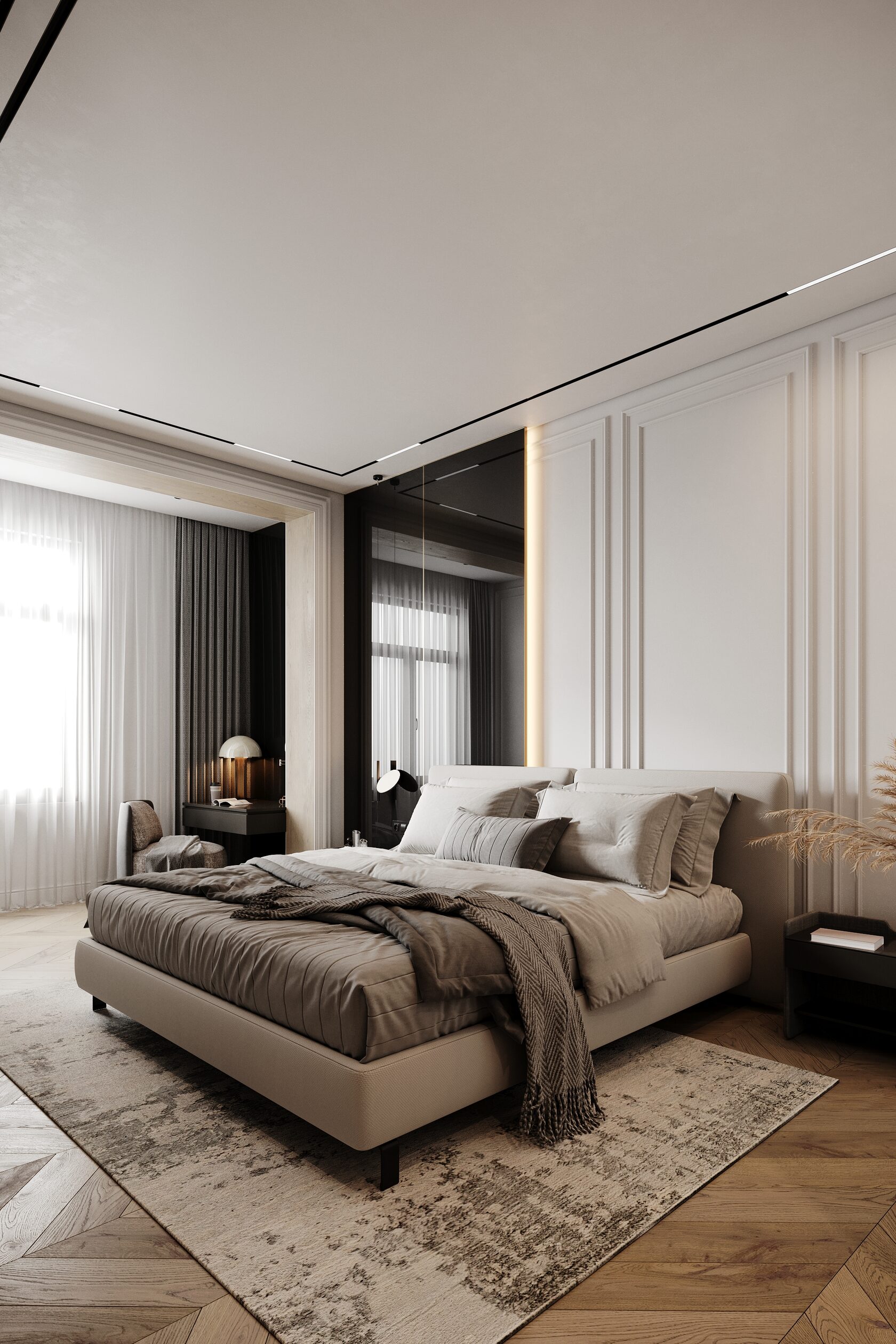 This spacious two-bedroom apartment is located on one of the top floors, offering panoramic views of Moscow