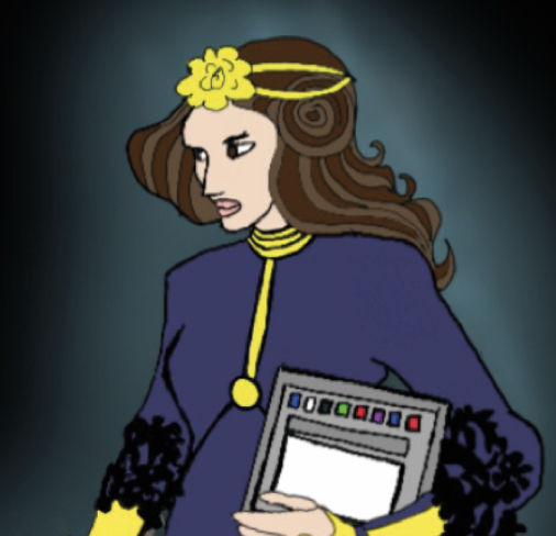 Illustrated science superhero trading card of Ada Lovelace from The Remarkablz, showing her in a futuristic outfit holding a tablet. 