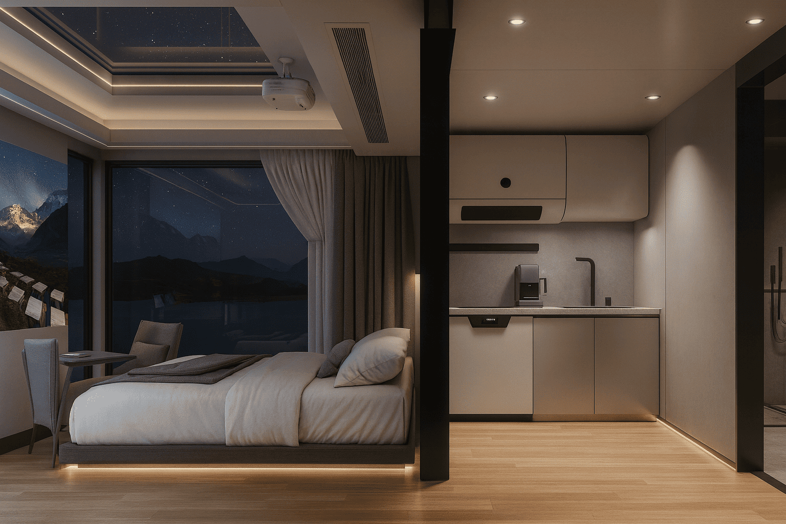 Compact kitchen design inside a premium prefab house in Rusutsu, Japan