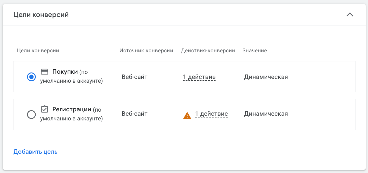 Google Ads: список главных конверсий - Покупки и Регистрации (веб-сайт)