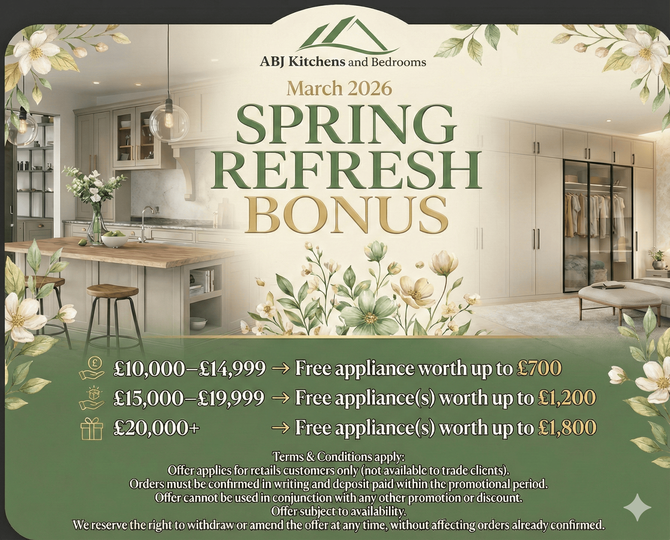 ABJ Kitchens March 2026 Spring Refresh Bonus — Free appliances worth up to £1,800