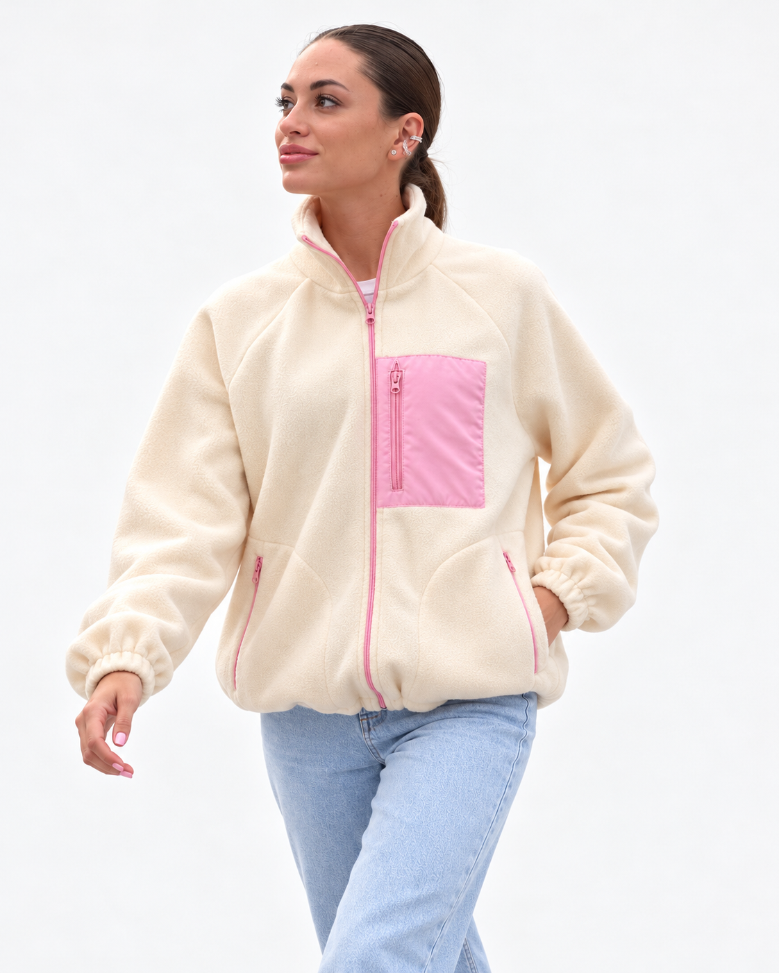 Жіноча тепла флісова кофта oversize з кишенями — Молочний