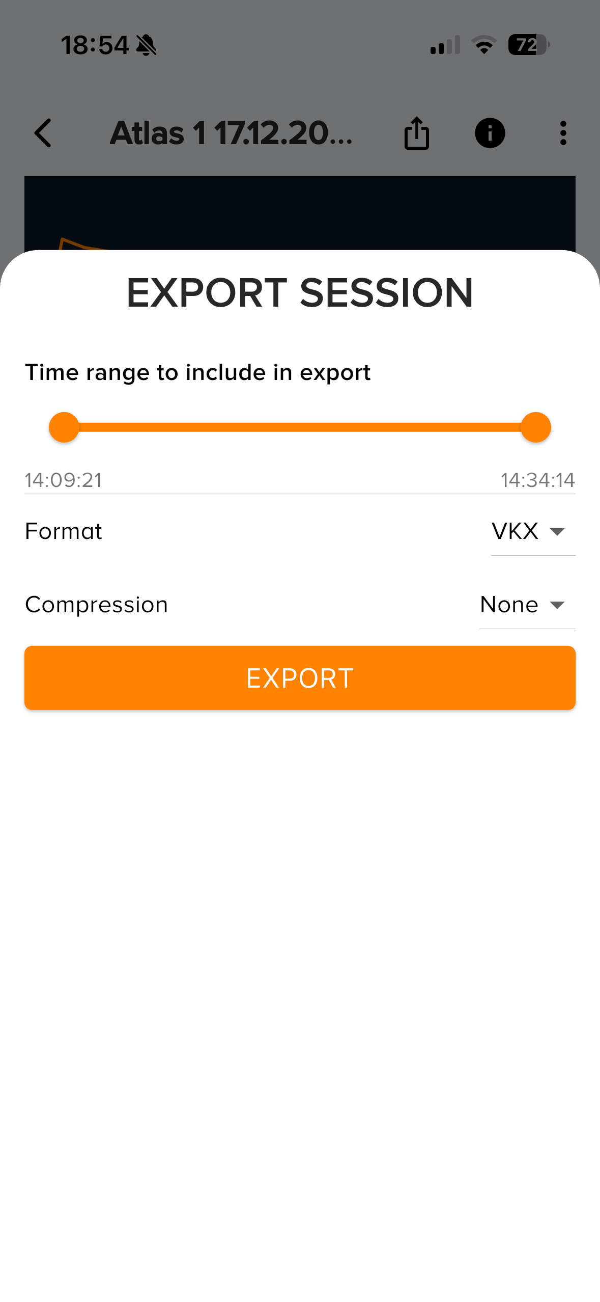 Vakaros app — Export Session: format VKX/CSV