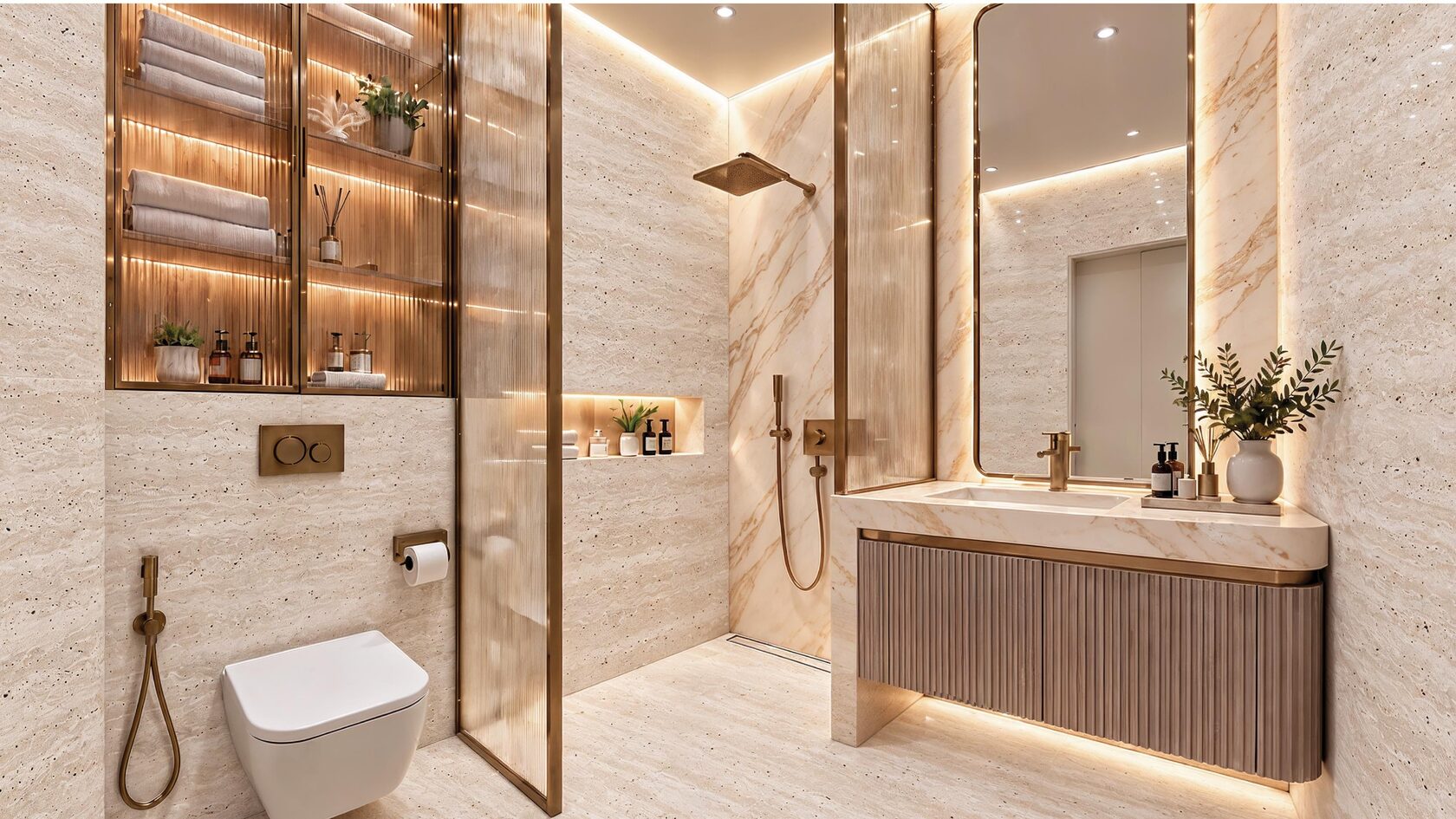 Italian kitchen and bathroom fittings in stone and brass