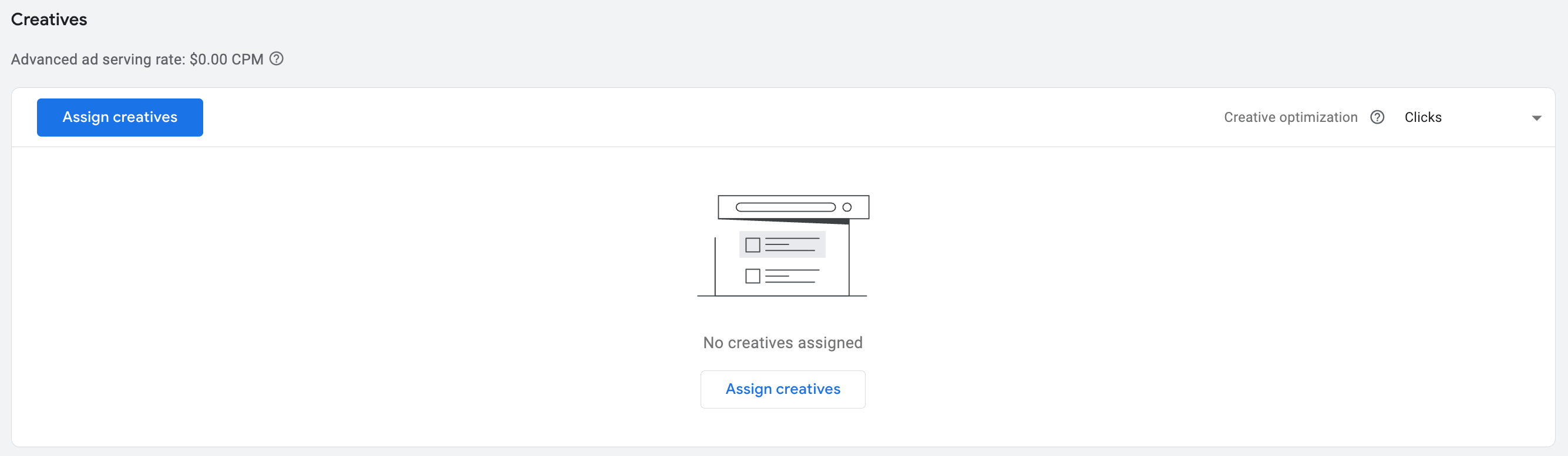 Блок Creatives с пустым состоянием No creatives assigned и кнопкой Assign creatives
