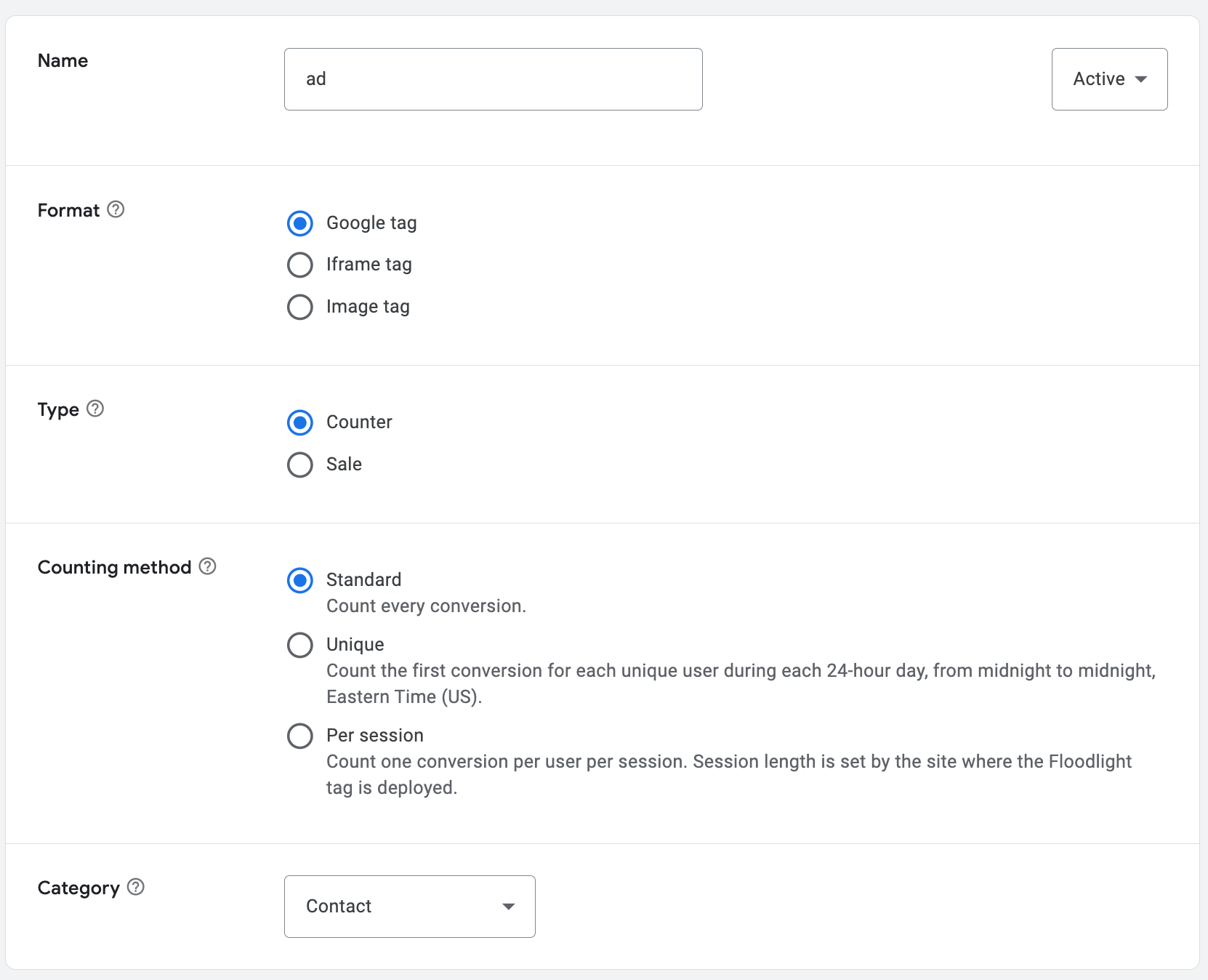 Создание Floodlight Activity в CM360: имя ad, Format Google tag, Type Counter, Counting method Standard, Category Contact