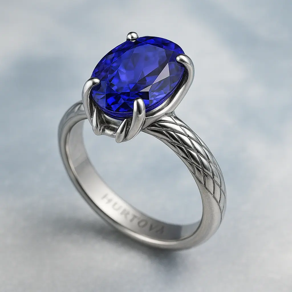 Каблучка з білого золота 750 проби з великим овальним танзанітом у фіолетово-синьому відтінку, камінь утримується чотирма клыкоподібними закріпками, що нагадують пащу змії, текстурована «зміїна» шинка, гравірування HURTOVA всередині кільця 