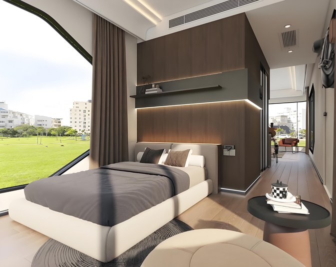 Modern prefab home interior with panoramic mountain views in Rusutsu, Hokkaido