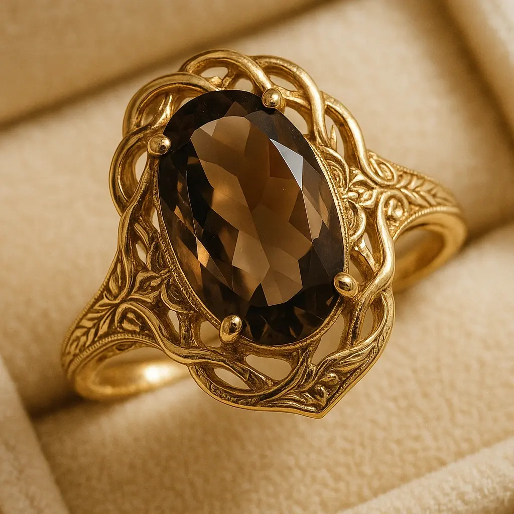 Програма ChatGPT сказала: SEO Alt-текст: Вінтажна золота каблучка з великим димчастим кварцем 5 ct у золоті 375 проби (9К), з гравіюванням HURTOVA всередині обідка, ретро-дизайн 1990-х років | Ювелірні прикраси HURTOVA