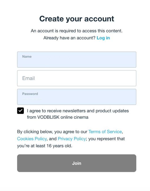 акно рэгістрацыі ў анлайн-кінатэатры VODBLISK