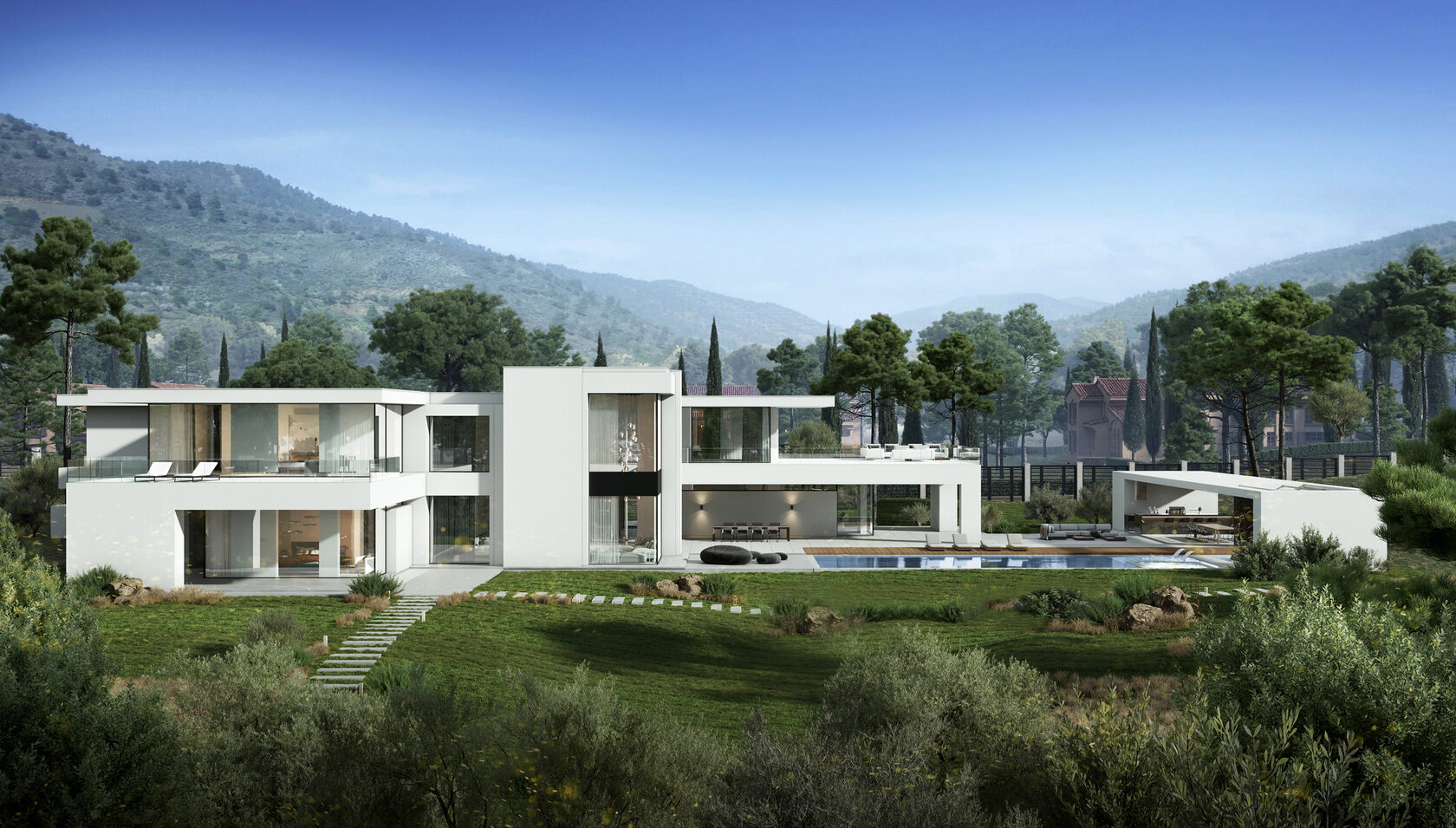 This estate consists of several buildings — including the main residence, a spa, and auxiliary structures, located in the hills near Limassol