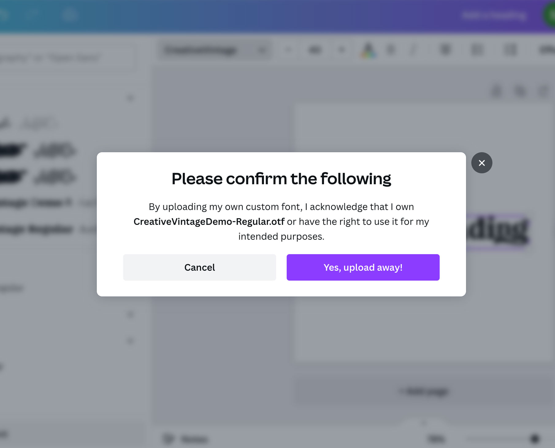 Confirm copyrights, Uploading on Canva new font