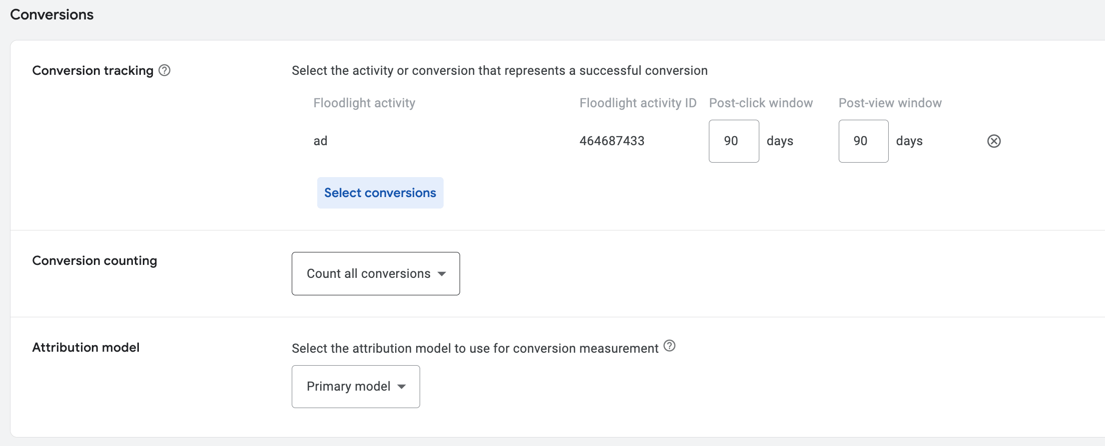 Раздел Conversions в Line Item DV360: выбрана Floodlight activity ad с ID 464687433, Post-click window 90 дней, Post-view window 90 дней, Conversion counting Count all conversions, Attribution model Primary model