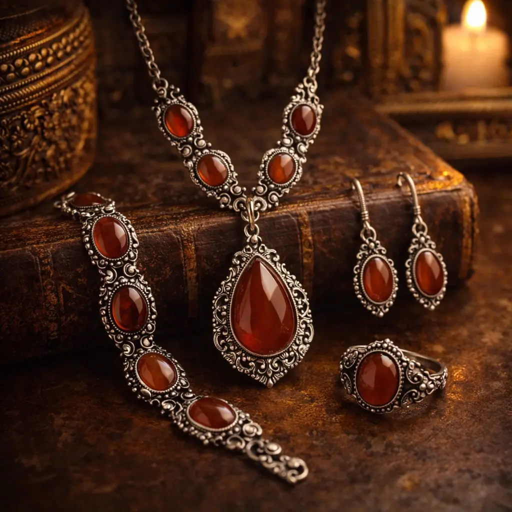 Вінтажне срібне кольє з сердоліком та комплект прикрас у вікторіанському стилі | HURTOVA