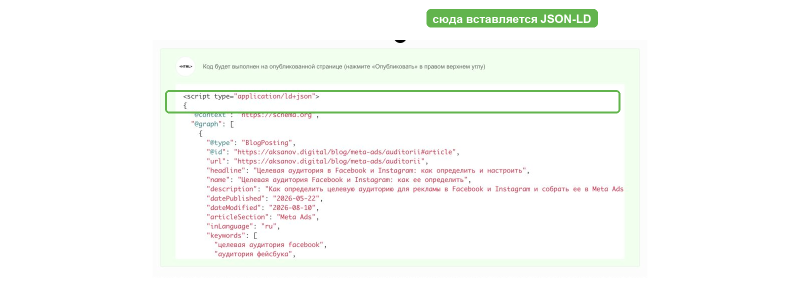 Блок HTML-кода с разметкой JSON-LD в панели Тильды