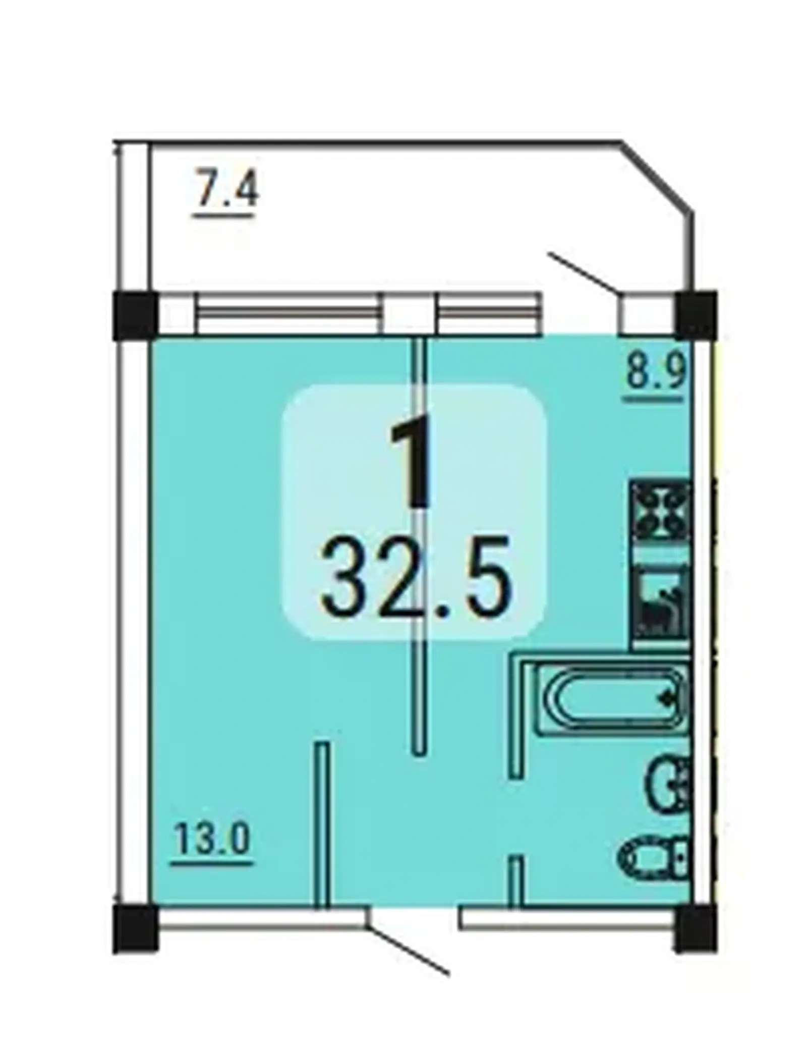 Планировка 1-комнатной квартиры 32,5 м² в ЖК Малинки