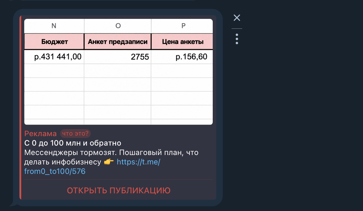 Реклама в Telegram-канале под последним постом с пометкой «Реклама»