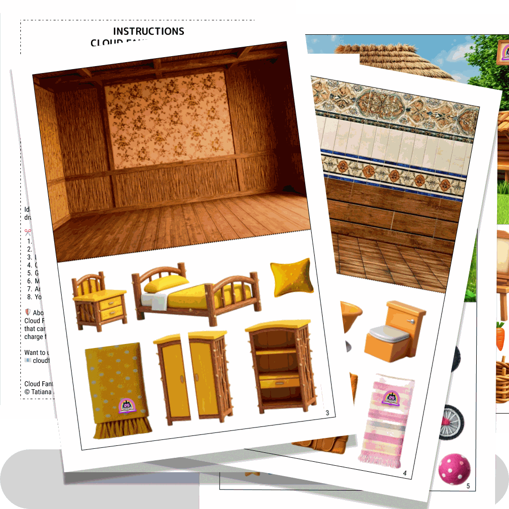 Printable dollhouse with kitchen, bedroom and garden
