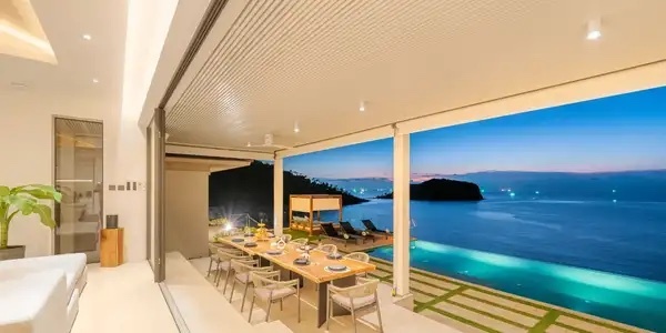 View form the dining room of fabulous seaview 4 bedroom villa in Scandinavian style on Koh Phangan island