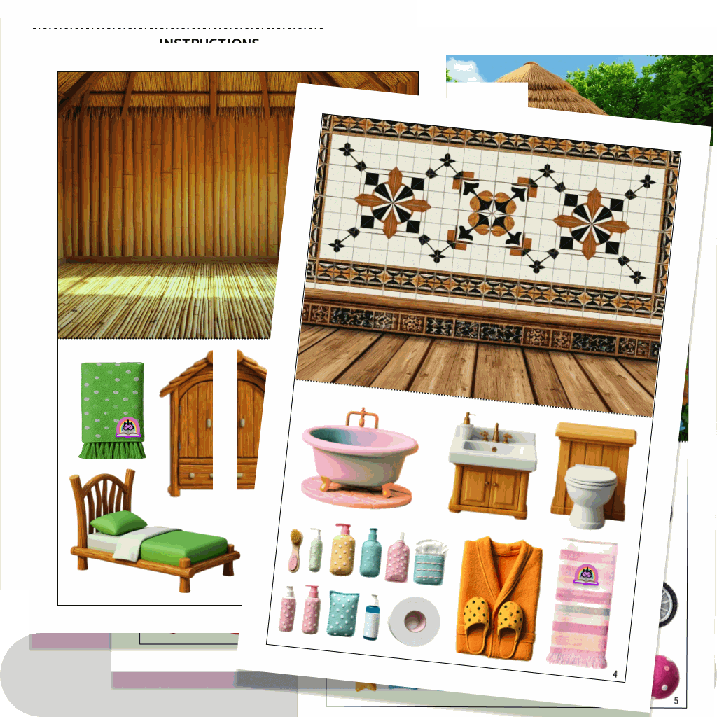 Printable dollhouse with kitchen, bedroom and garden