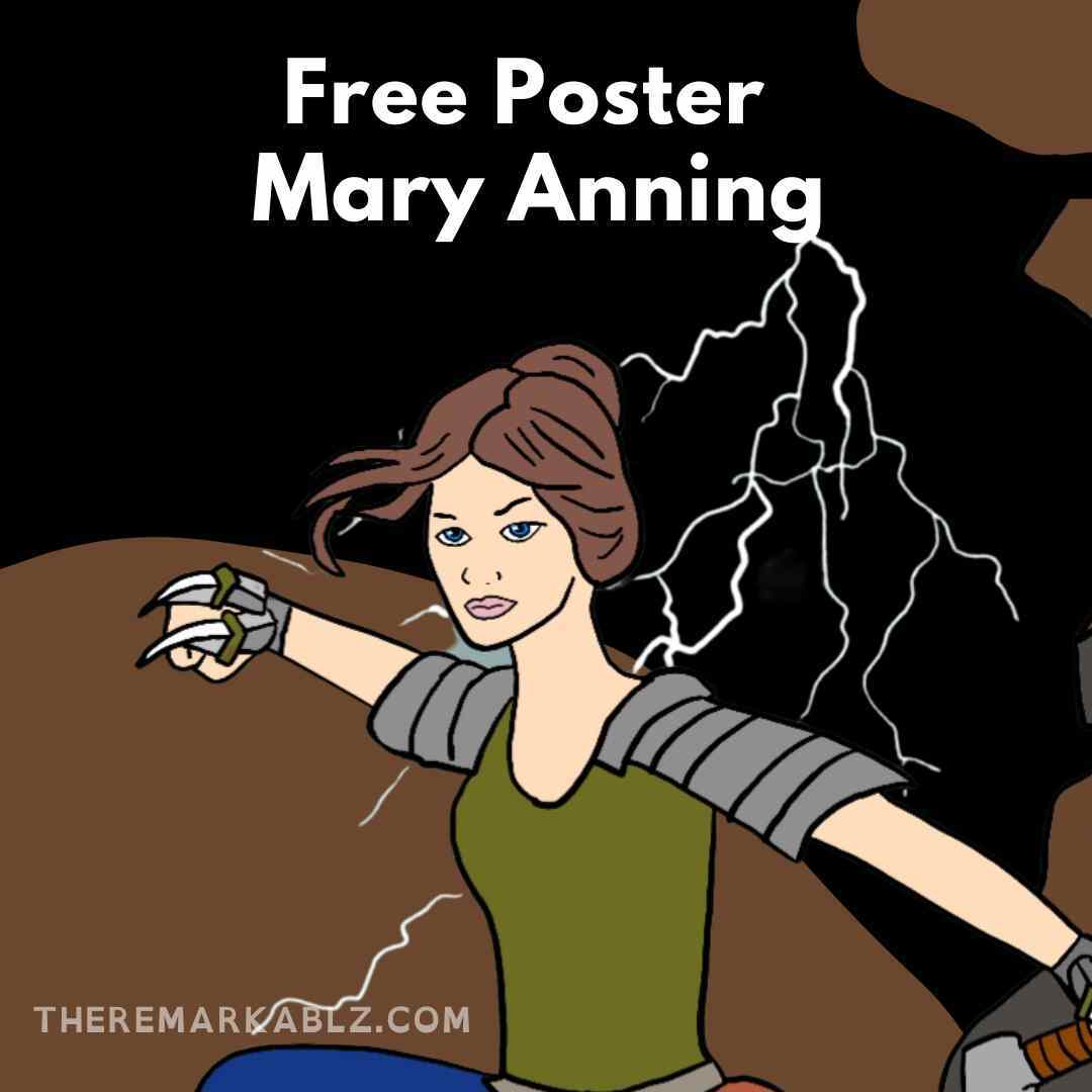 Illustration of Mary Anning as a superhero from The Remarkablz, wearing shoulder armor and wielding clawed gloves, with lightning in the background. Text reads: Free Poster – Mary Anning.