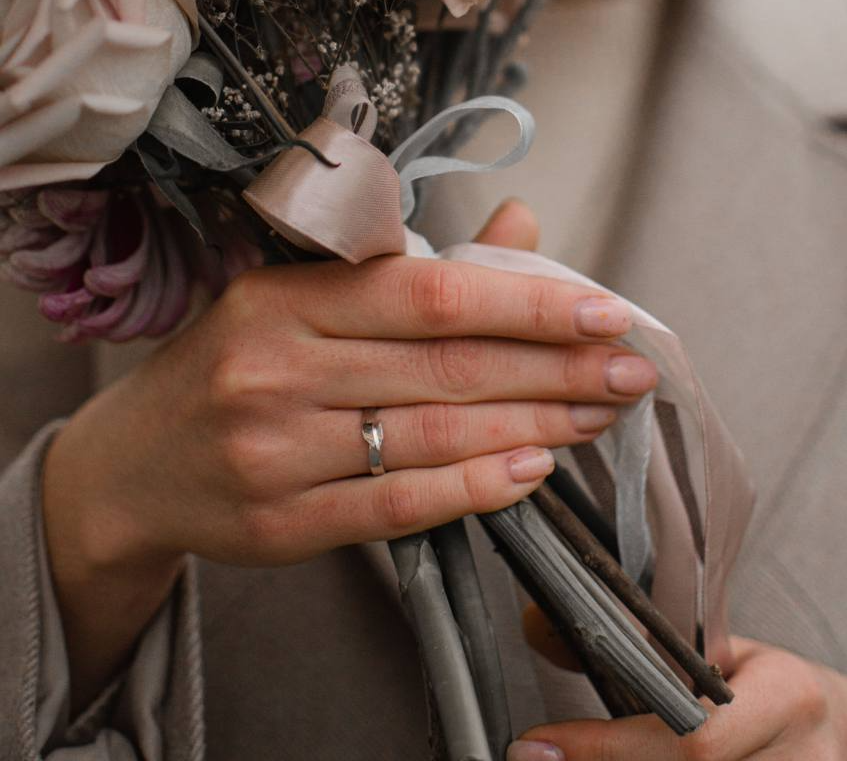 Wedding ring under the order of silver, on a woman's hand