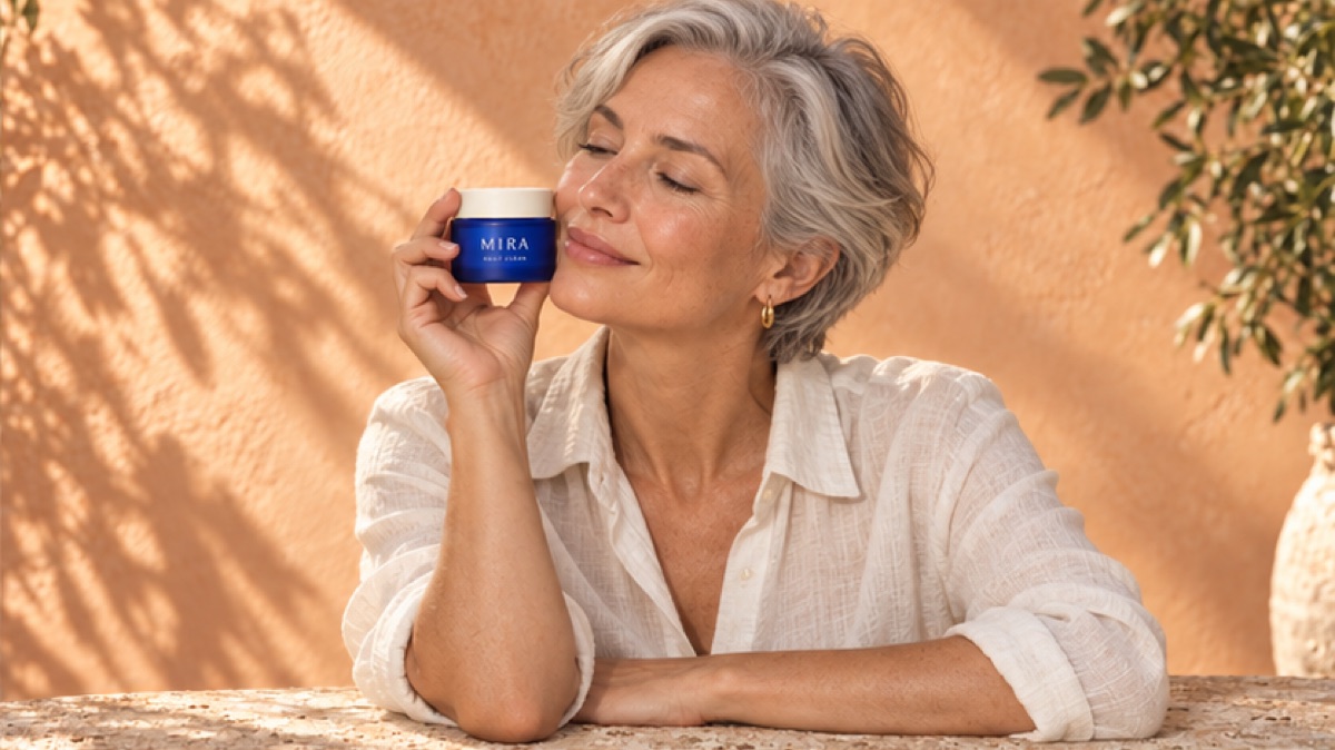 Illustrative skincare concept with a grey-haired adult woman holding the blue MIRA jar.