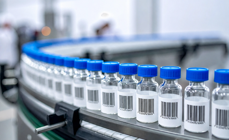 Vials with barcoded labels on a packaging conveyor