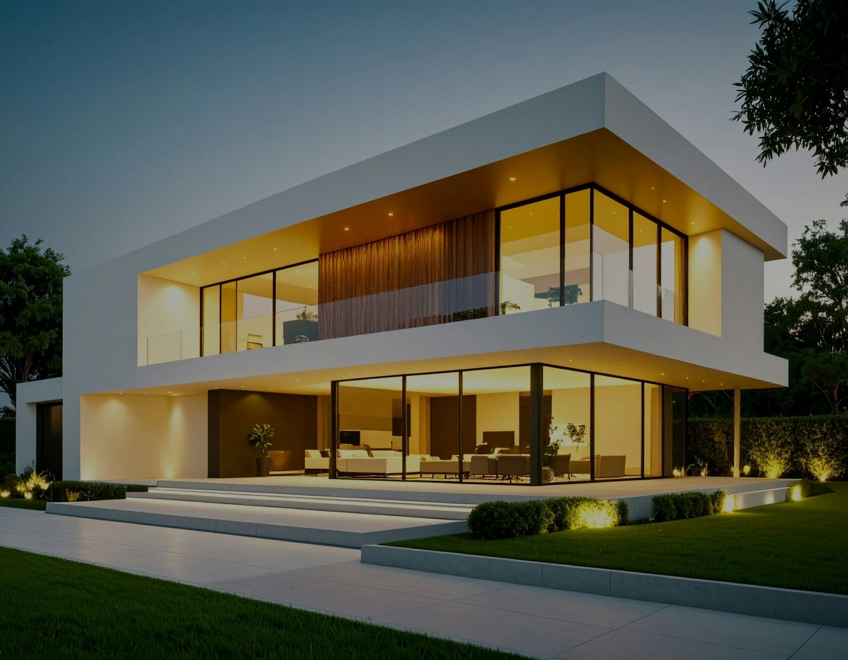 A renovated single-family home, photographed at dusk
