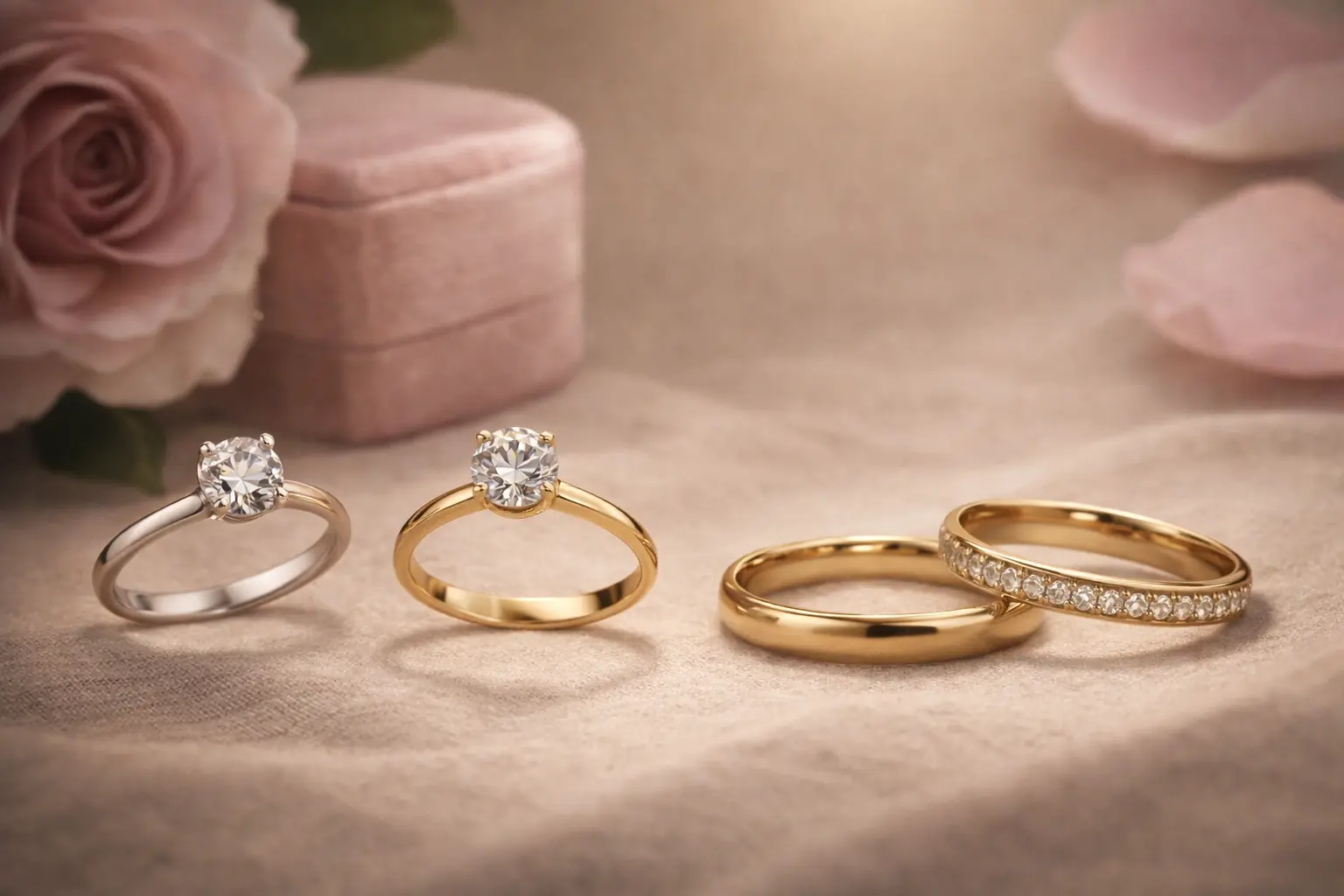 Каблучка для пропозиції, каблучка для заручин і парні обручки з білого та жовтого золота з діамантами на оксамитовому фоні — золоті свадебные кольца, кільця для освідчення та весілля HURTOVA