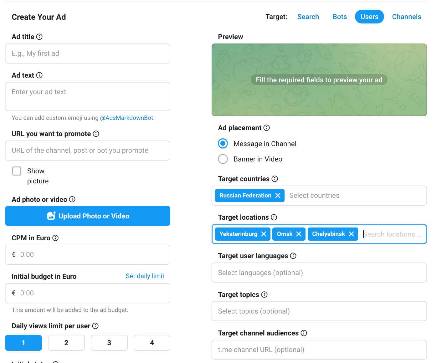 Интерфейс создания объявления в Telegram Ads с таргетингом на города России