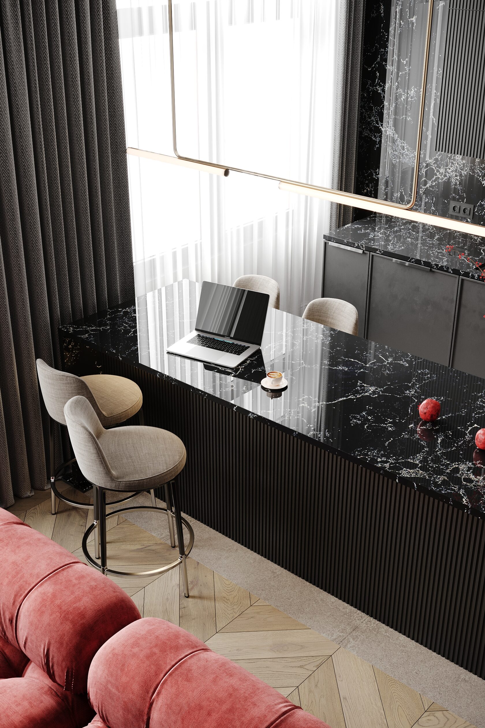 This spacious two-bedroom apartment is located on one of the top floors, offering panoramic views of Moscow