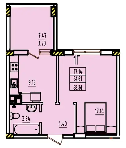 Планировка 1-комнатной квартиры в ЖК RosenTal площадью 35–49 м² — вариант 1