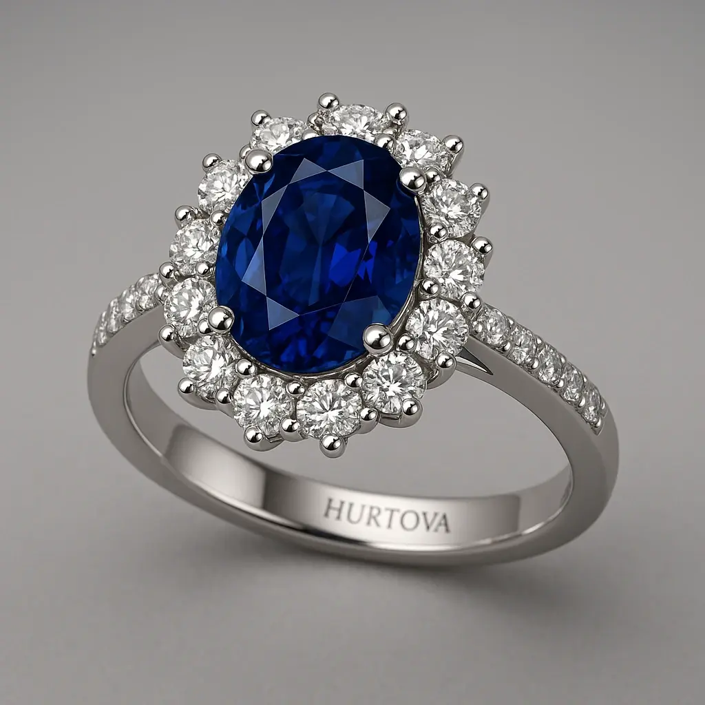Сучасна каблучка з овальним сапфіром у глибокому синьому кольорі, виконана в мінімалістичному дизайні з діамантовими акцентами та гравіюванням HURTOVA всередині | Ювелірні прикраси HURTOVA