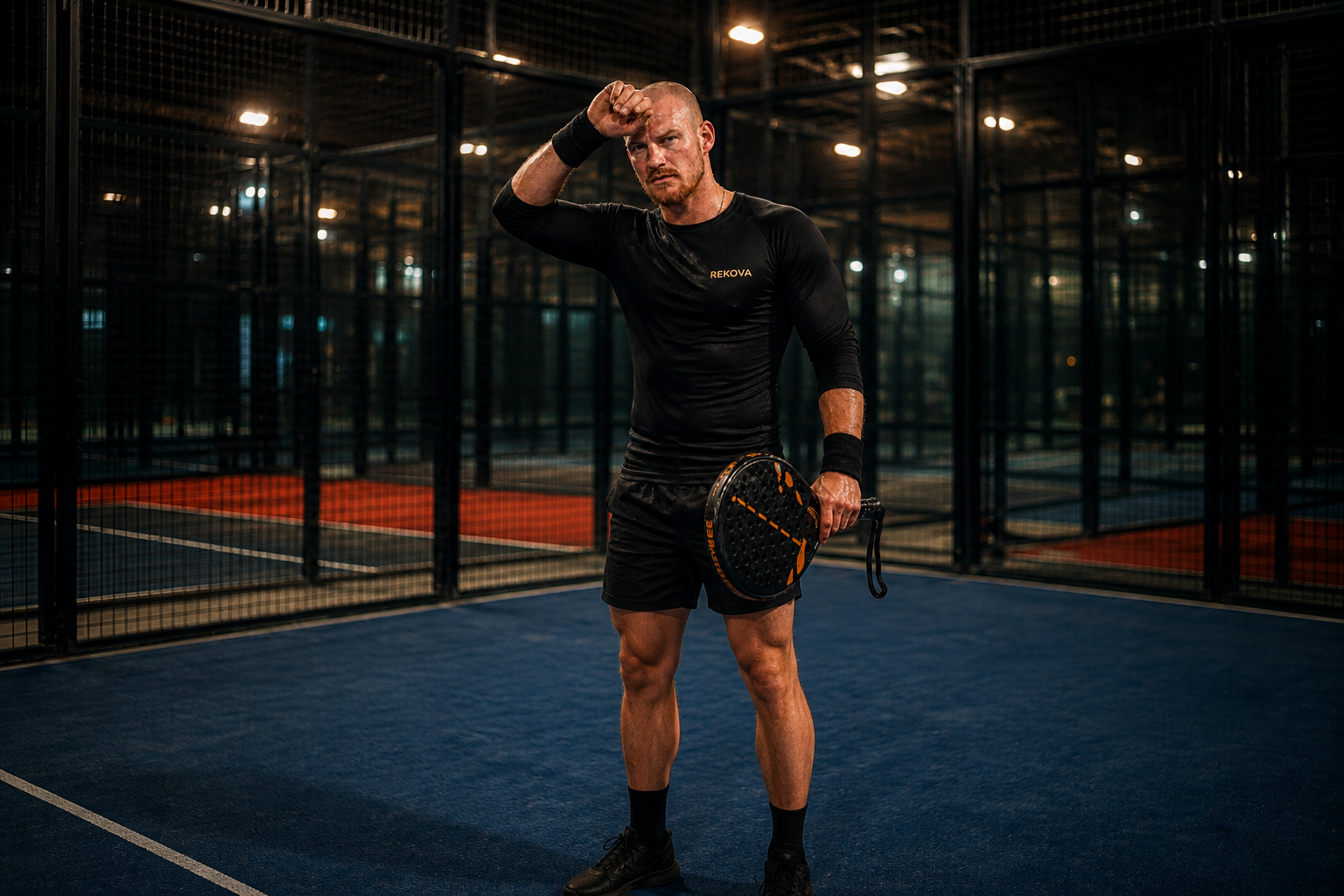 Exhausted padel player after match — fatigue and soreness