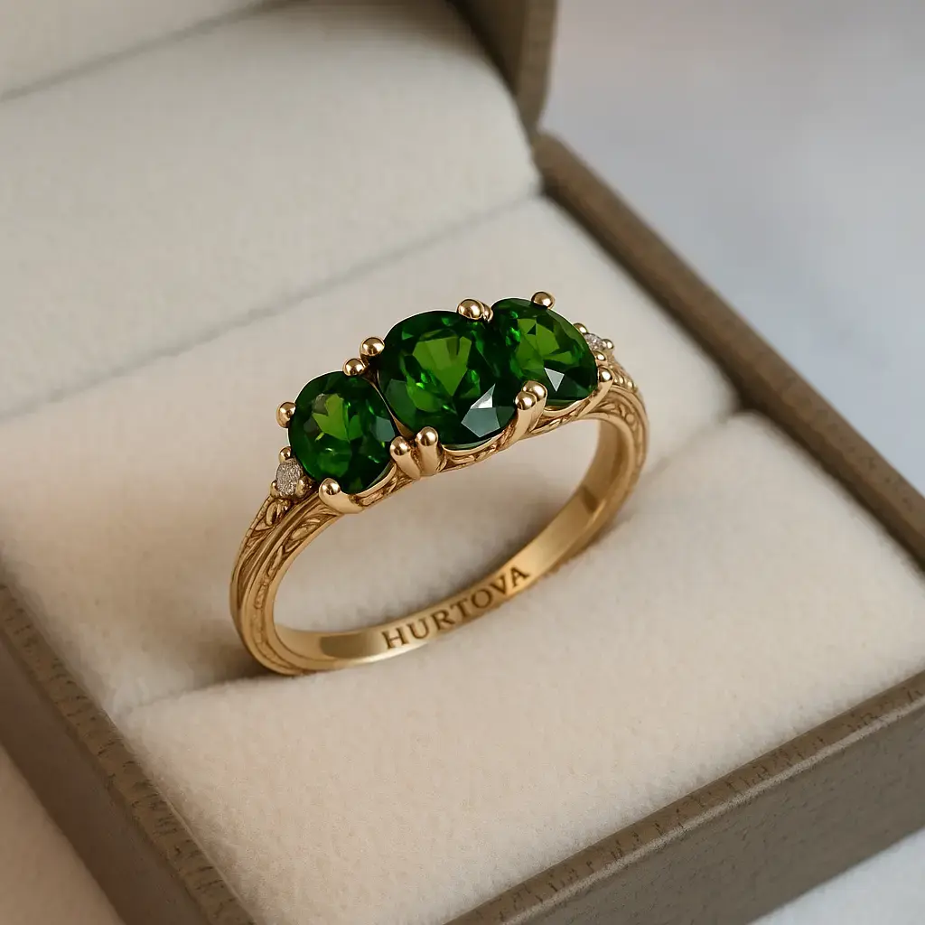 Класична каблучка з хромдіопсидами у золоті 585 проби, ювелірні прикраси HURTOVA
