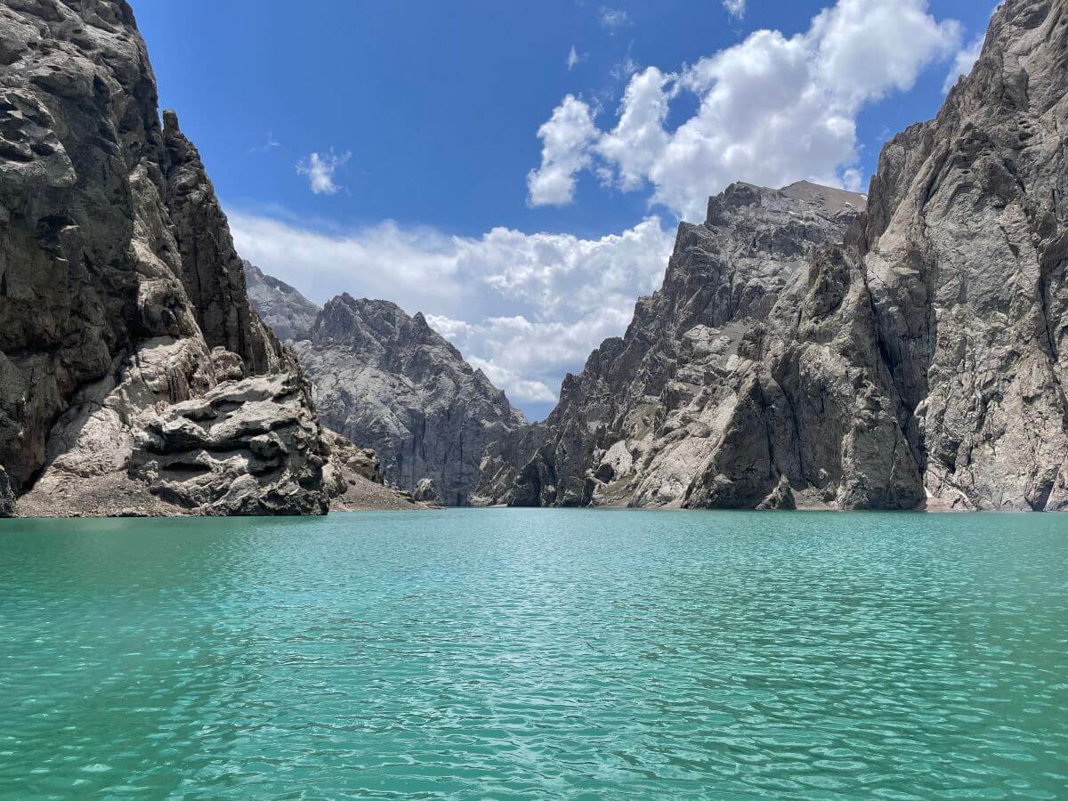 Kel-Suu Lake in a mountain gorge