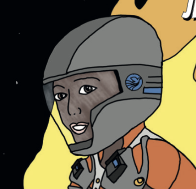 A comic-style drawing of Mae Jemison in a spacesuit,