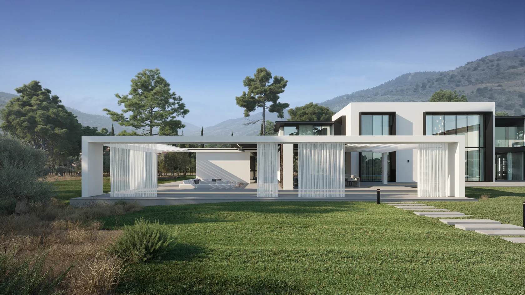 This cottage is located in a modern suburban community, whose architecture is inspired by the classic designs of Frank Lloyd Wright
