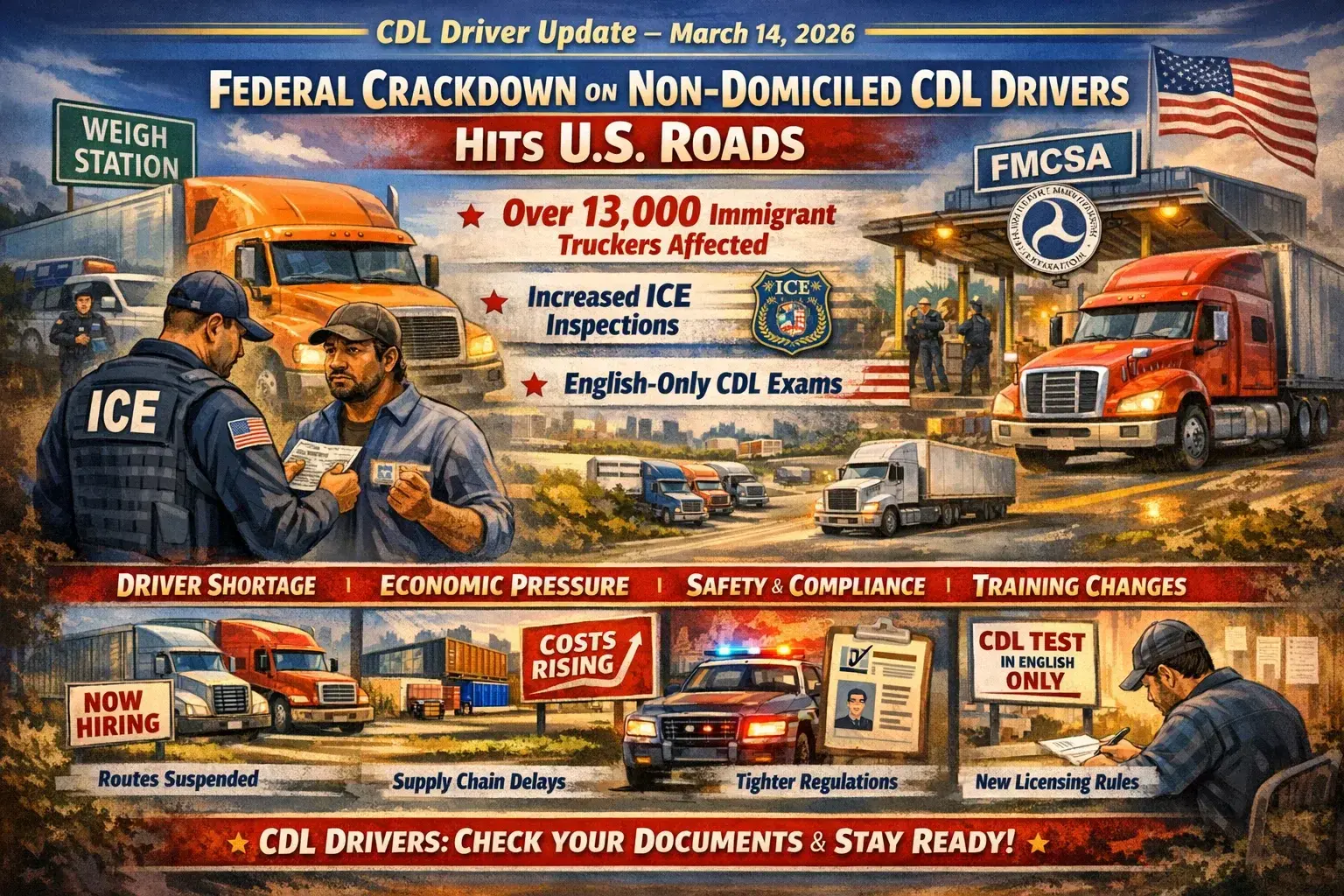Truck driver holding CDL license with federal enforcement sign