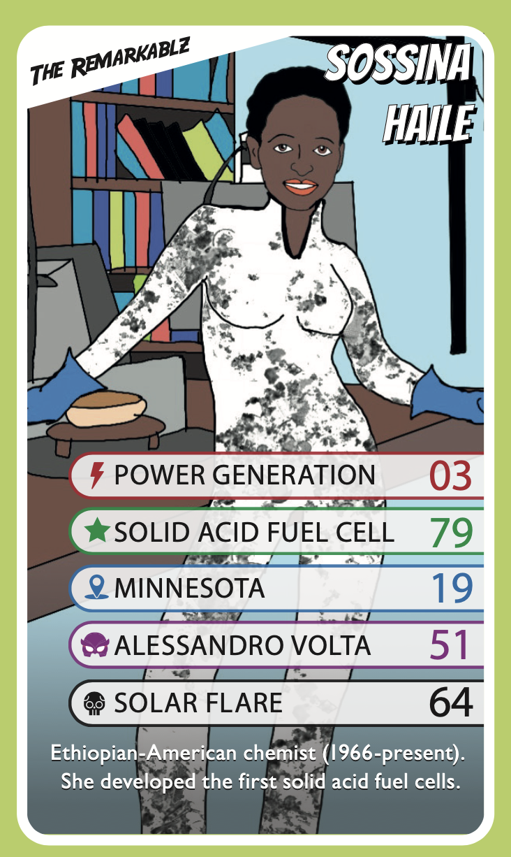 Illustrated superhero-style playing card of scientist Sossina Haile from The Remarkablz series. She is shown in a white lab coat with black splotches, standing in a colorful science lab. Her powers include power generation and solid acid fuel cell invention. The card lists stats like “Minnesota,” “Alessandro Volta,” and “Solar Flare.”
