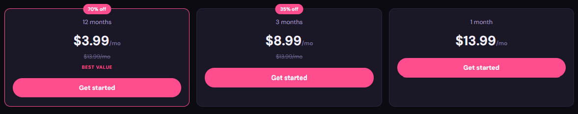 The plans screen: three subscription tiers, the features included, and the price per token.