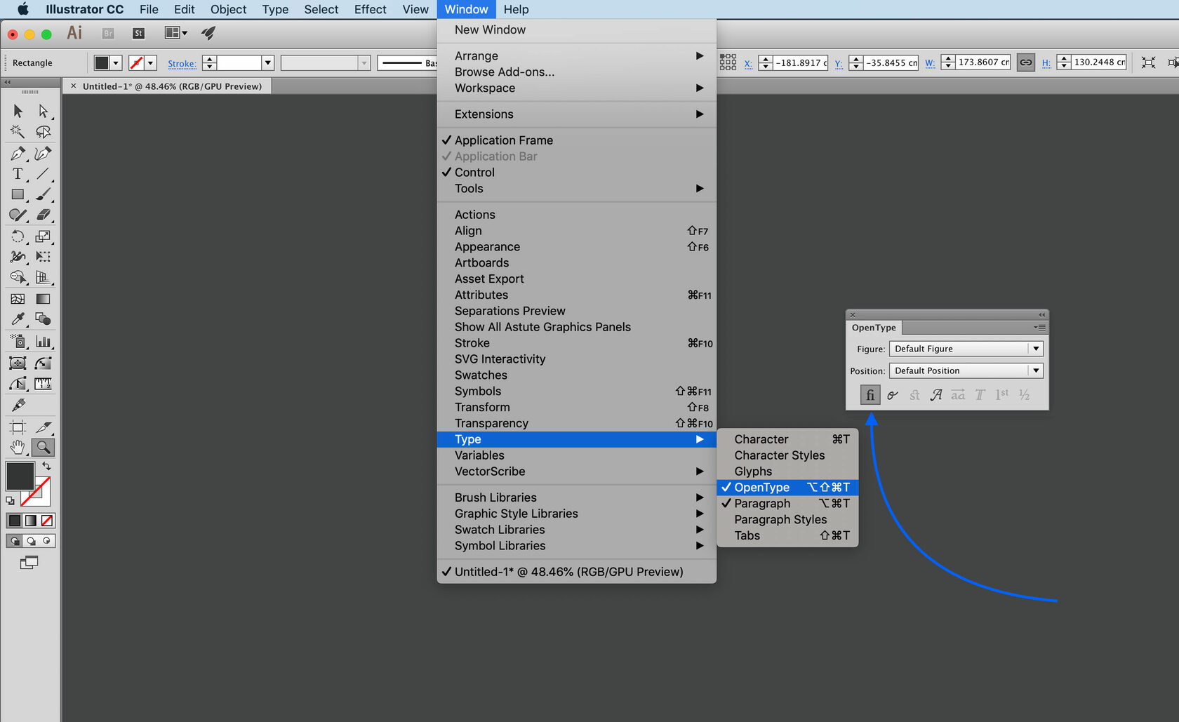 Activate ligatures in Adobe Illustrator, opentype feature
