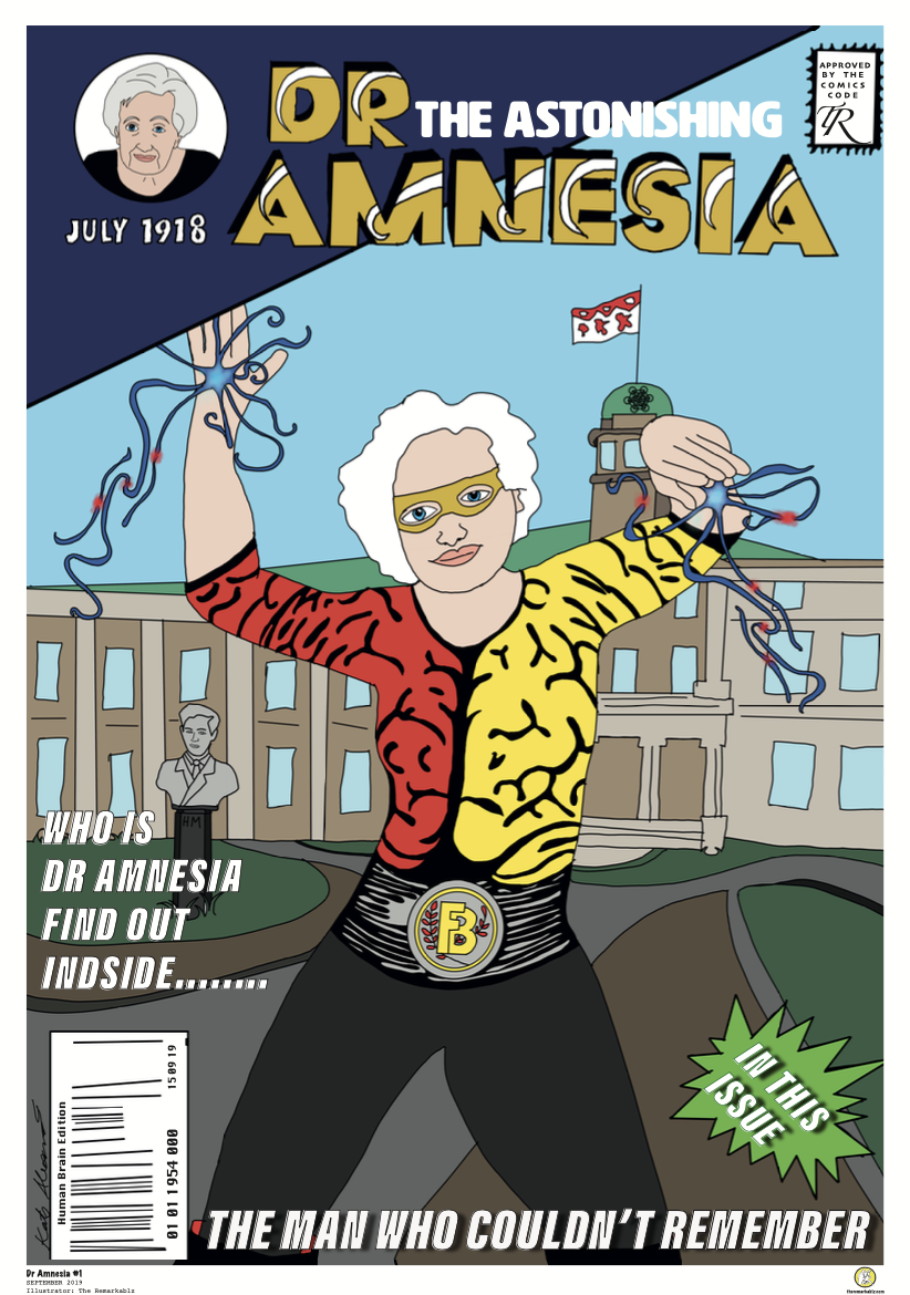 Comic book-style illustration of Brenda Milner as her superhero alter ego "Dr. Amnesia." She stands powerfully in front of a Canadian research building, wearing a yellow and red brain-patterned suit with a “B” belt buckle and holding blue and red neural ribbons in both hands. Text on the cover reads “Science Squad,” “Dr. Amnesia: The Astonishing,” and “The man who couldn’t remember,” referencing her real-life research on memory and the famous case of patient H.M.