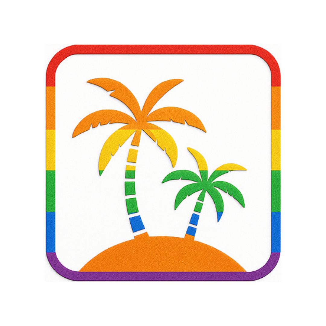 Thai Travel Co. Pride Month logo featuring two tropical palm trees with rainbow trunks on an orange island, framed by a vibrant rainbow border—celebrating LGBTQ+ inclusive travel in Thailand.