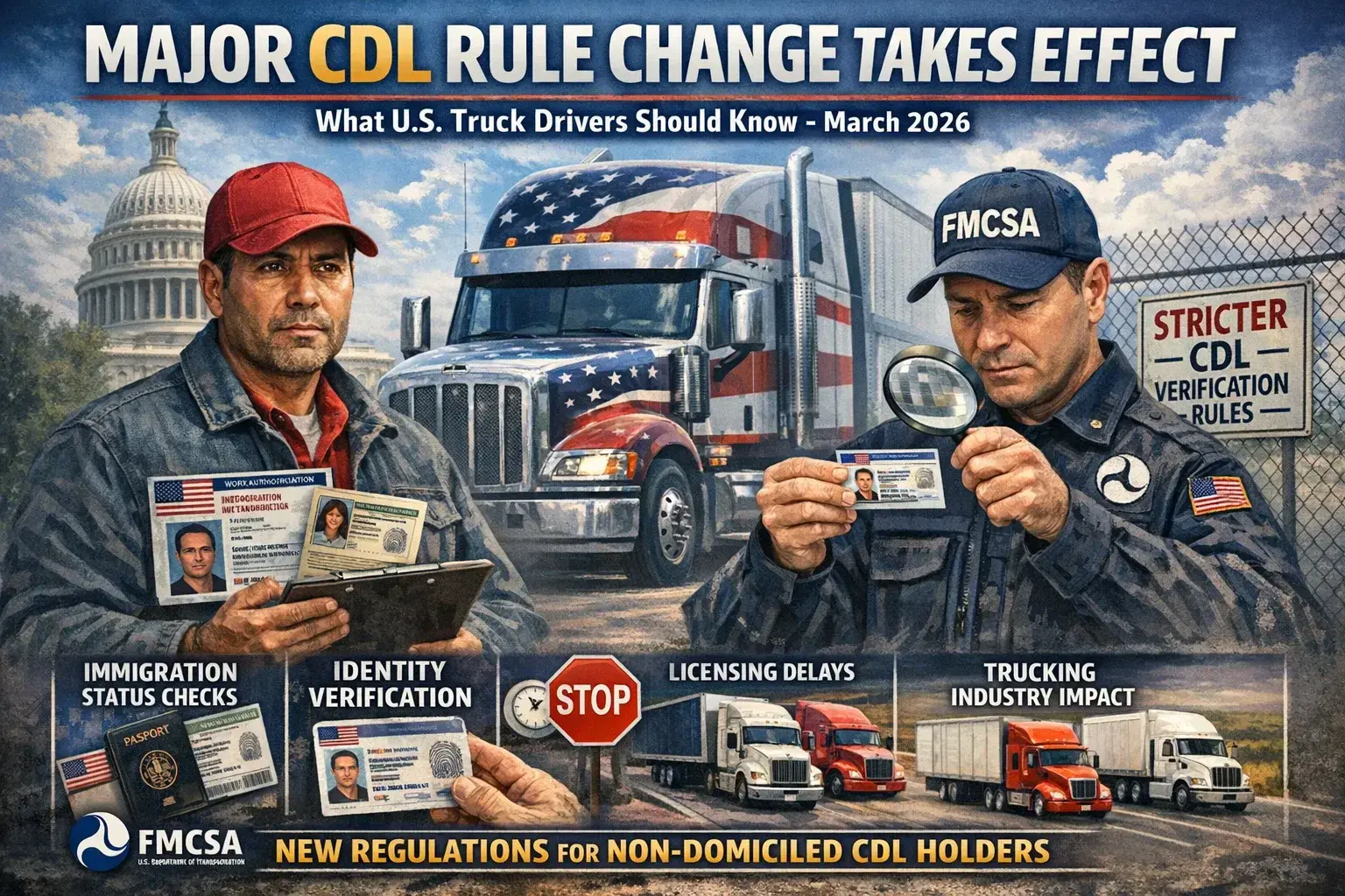 CDL-A truck driver operating a modern semi truck on a U.S. highway after new CDL licensing rule changes in 2026