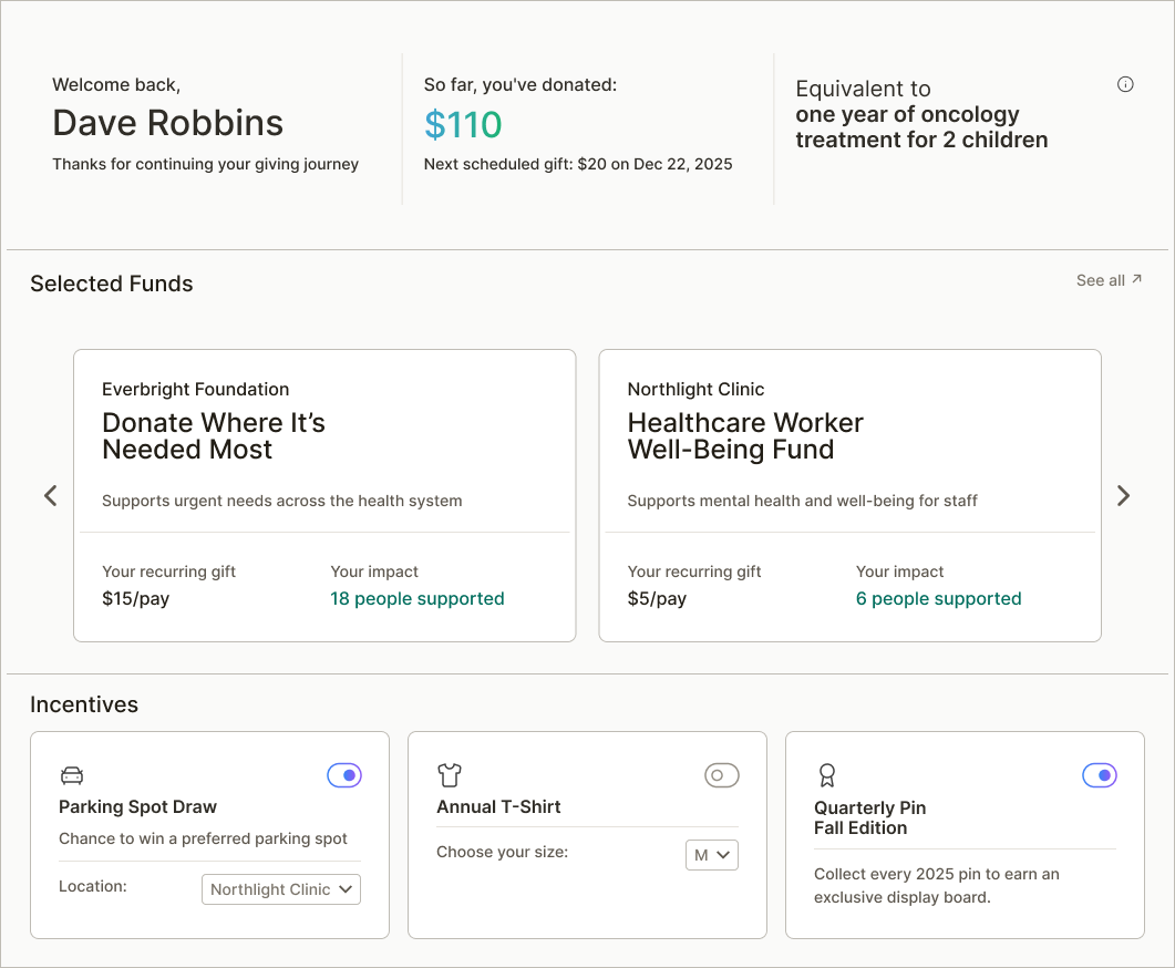 Engage employees through a dedicated giving portal with incentives