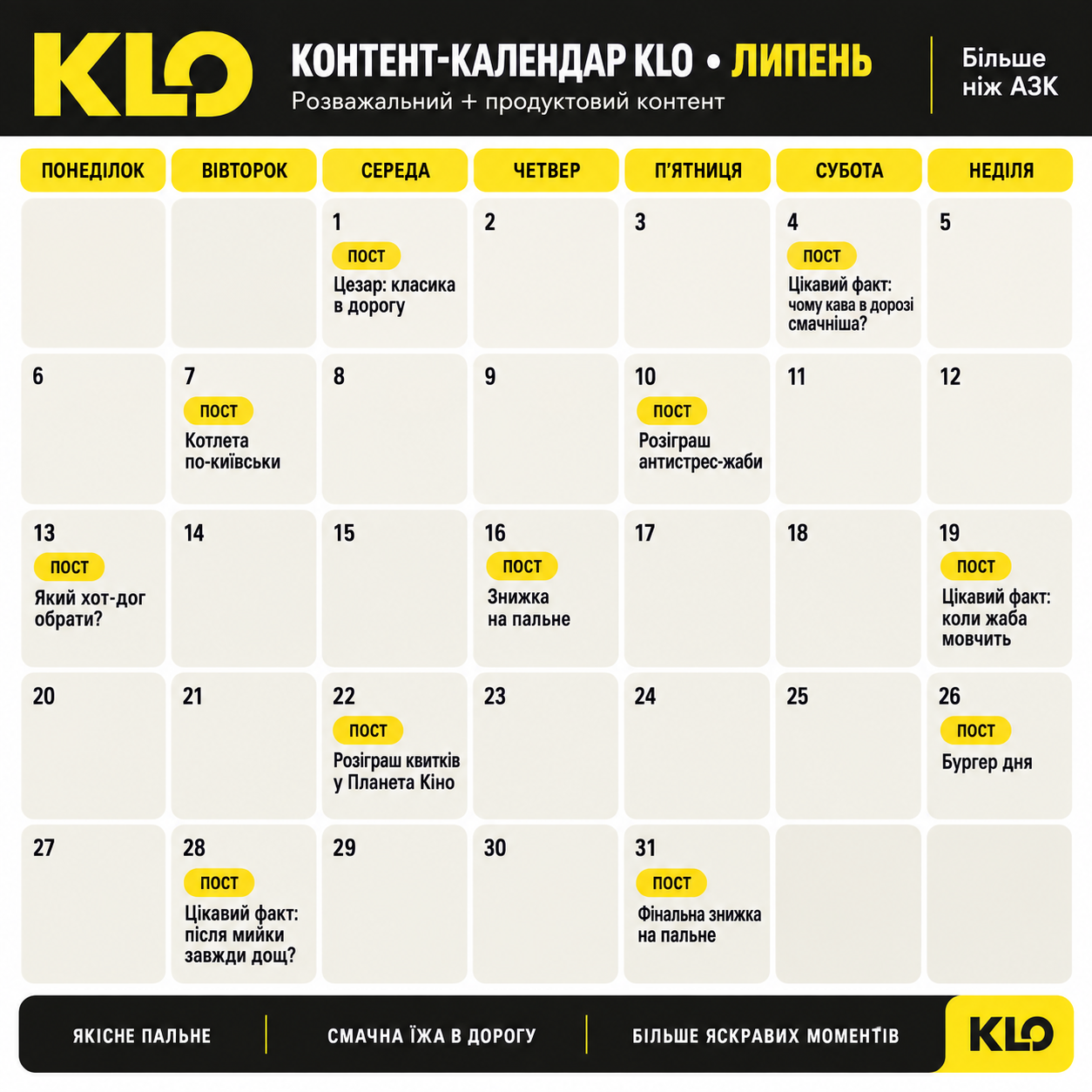 Контент-календар KLO на липень: розважальний і продуктовий контент по днях тижня