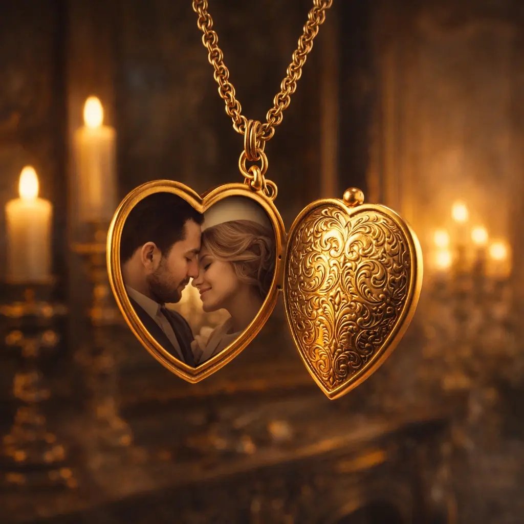 Вінтажний золотий кулон-локет з гравіюванням та фотографією пари всередині, класичні ювелірні прикраси 